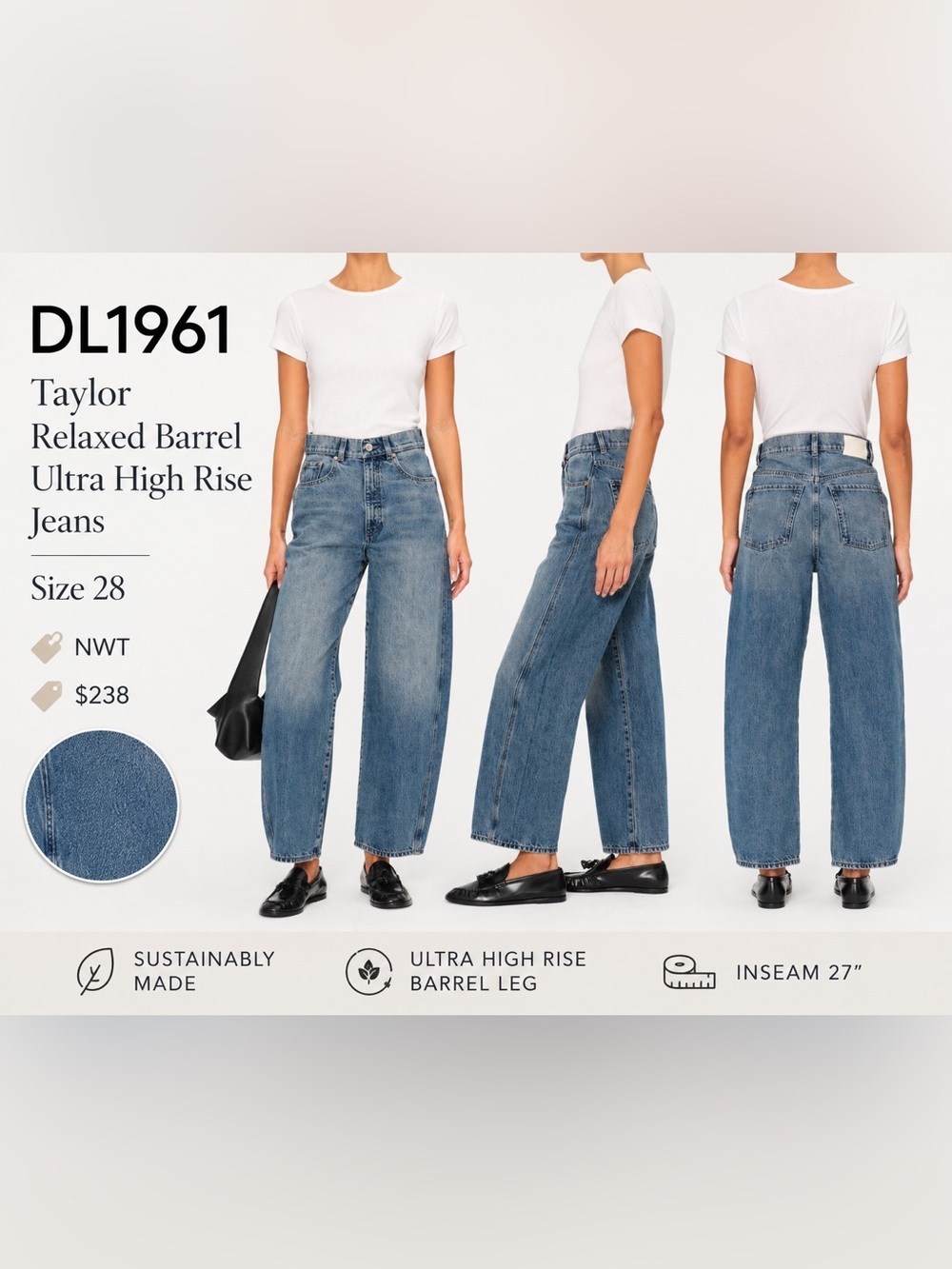 DL1961 Taylor Relaxed Barrel Ultra High Rise Jeans in Salt Lake Colorway Size 28